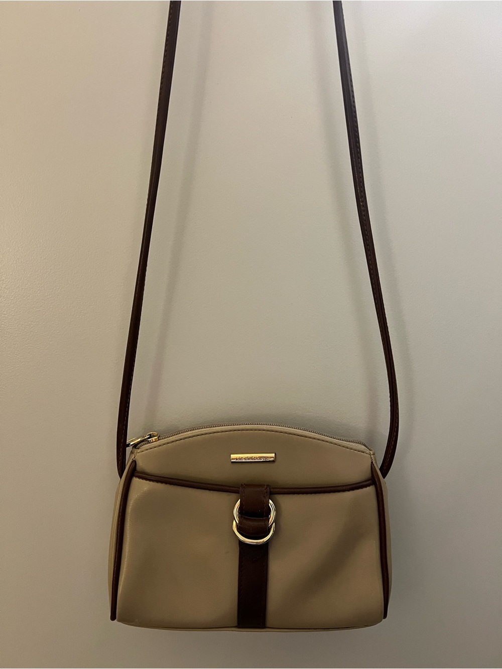 Vintage Classic Beige Crossbody Bag with Brown Trim